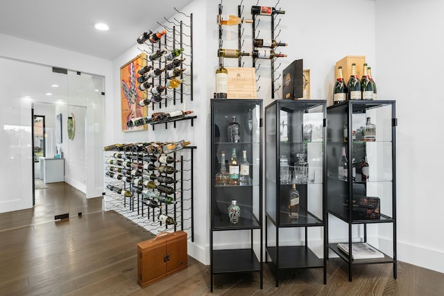 wine room with dark wood-type flooring