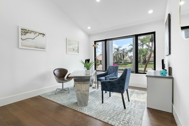 living area with dark hardwood / wood-style floors and vaulted ceiling