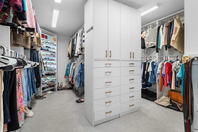 walk in closet featuring light carpet