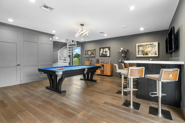 playroom featuring light hardwood / wood-style floors and pool table