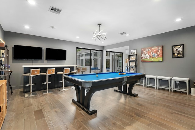 rec room with light wood-type flooring and billiards