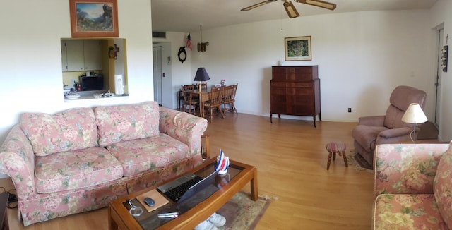 living room with hardwood / wood-style flooring and ceiling fan