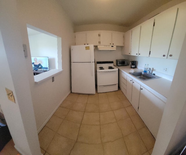 kitchen with white cabinetry, white appliances, and sink