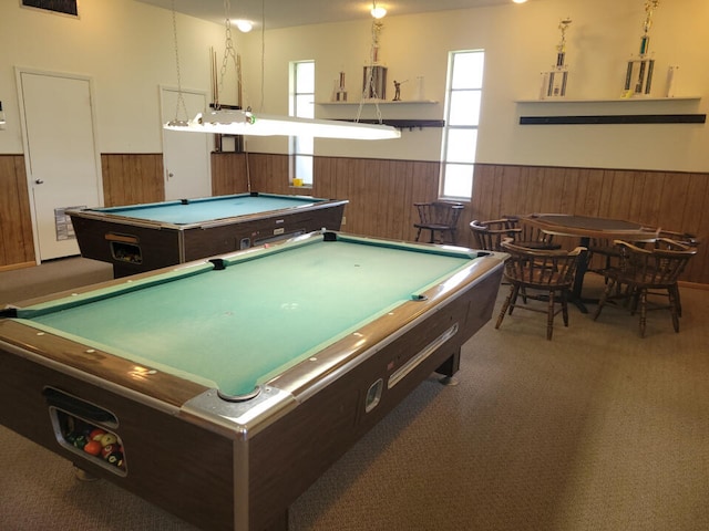 game room featuring wooden walls, dark carpet, and pool table