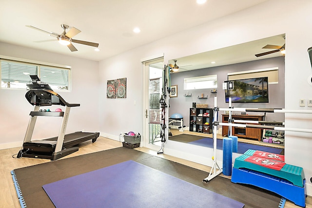 exercise room with hardwood / wood-style flooring