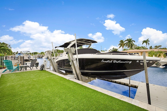 view of dock with a lawn and a water view