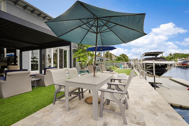 view of patio with a dock and a water view