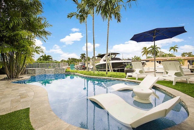 view of swimming pool with a patio