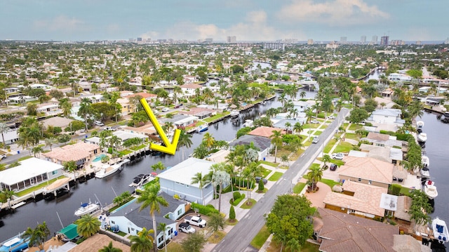 aerial view featuring a water view