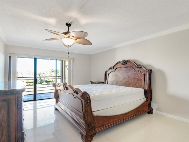 bedroom featuring access to outside, ceiling fan, crown molding, and a textured ceiling