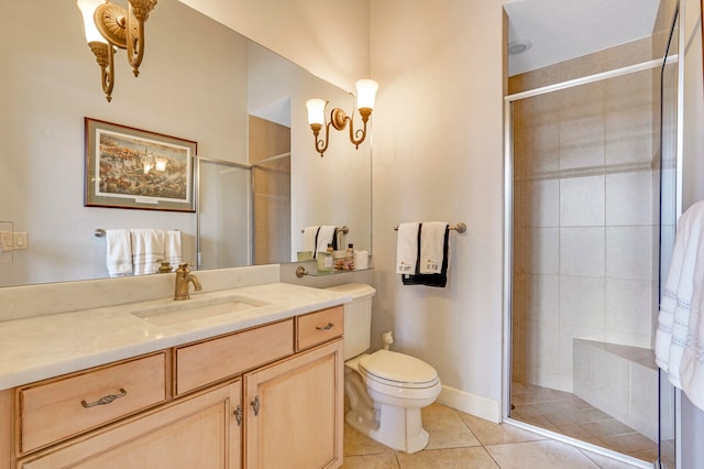 bathroom featuring tile patterned flooring, vanity, toilet, and walk in shower