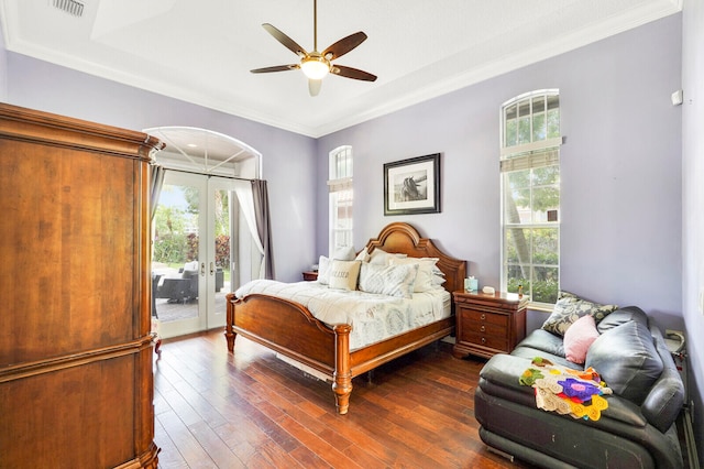 bedroom featuring access to exterior, ceiling fan, french doors, dark wood-type flooring, and crown molding