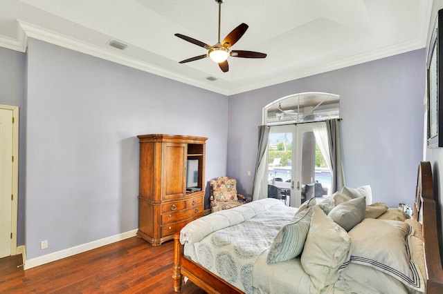 bedroom with access to outside, ceiling fan, dark hardwood / wood-style flooring, and ornamental molding