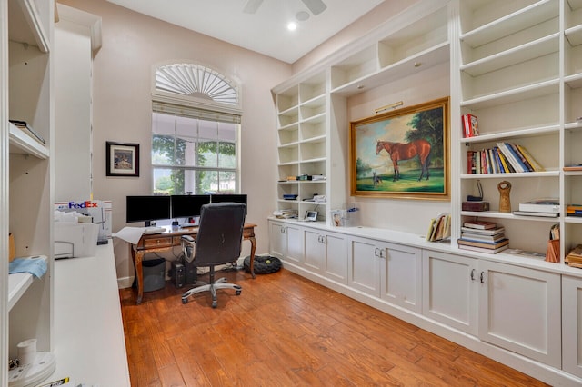 office area featuring ceiling fan and light hardwood / wood-style flooring