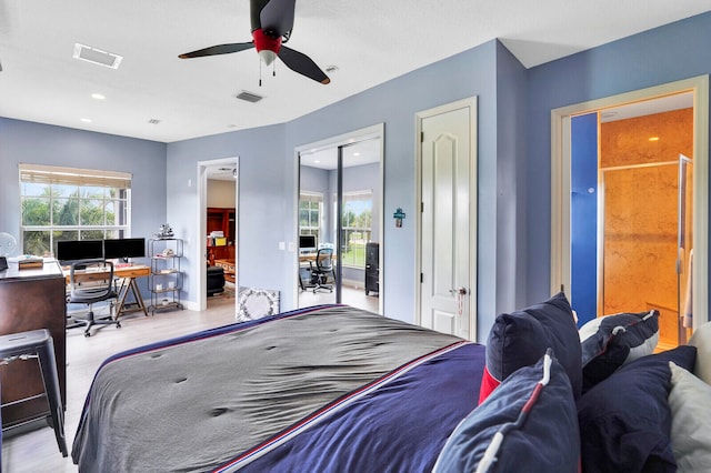 bedroom featuring ceiling fan and light hardwood / wood-style flooring