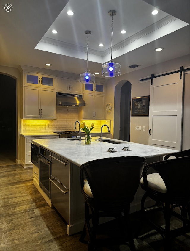 kitchen featuring hanging light fixtures, dark wood-type flooring, a raised ceiling, a barn door, and a kitchen island with sink