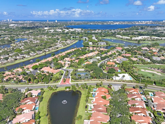 drone / aerial view featuring a water view