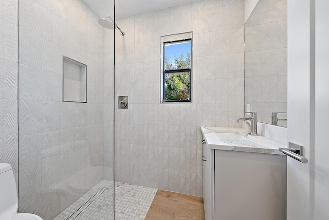 bathroom with wood-type flooring, vanity, toilet, and tile walls