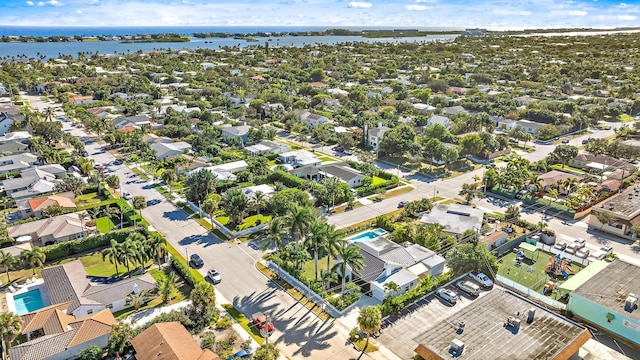 drone / aerial view featuring a water view