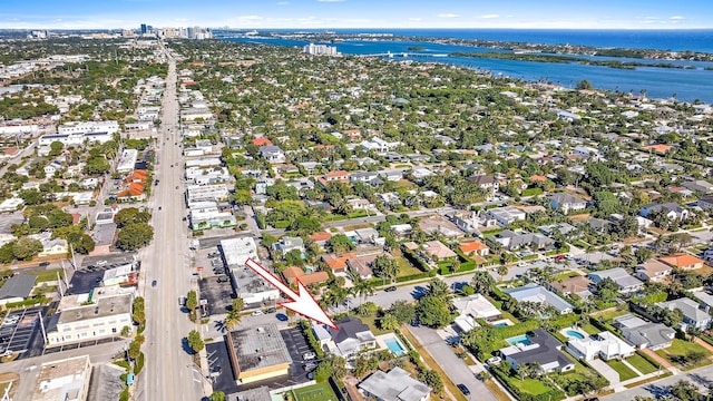 aerial view featuring a water view