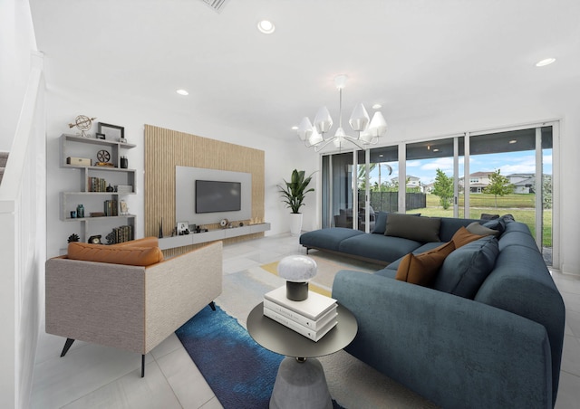 tiled living room featuring a notable chandelier