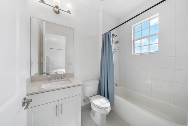 full bathroom with tile patterned flooring, vanity, toilet, and shower / tub combo with curtain