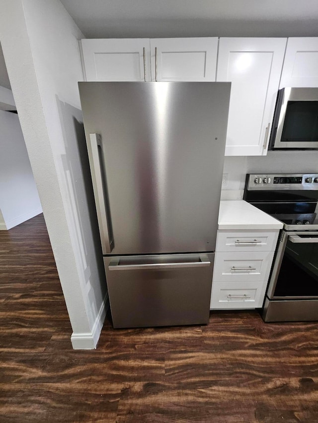 kitchen with white cabinets, dark hardwood / wood-style flooring, and stainless steel appliances