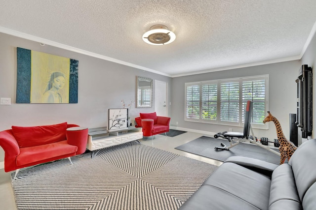 living room featuring a textured ceiling and ornamental molding