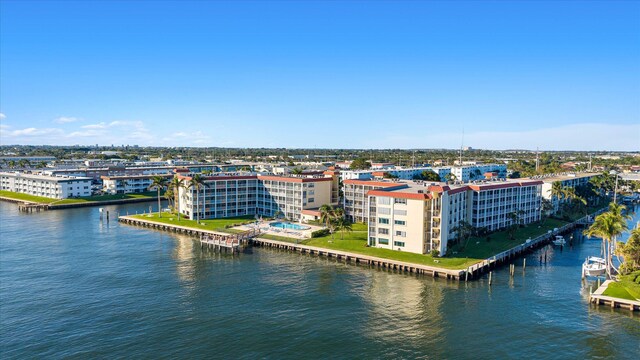 drone / aerial view featuring a water view