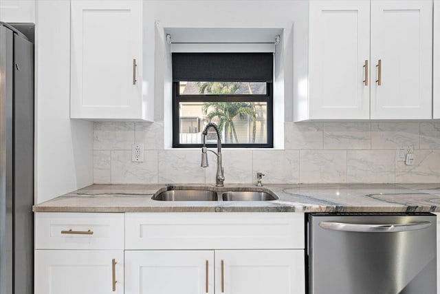 kitchen featuring backsplash, sink, white cabinetry, and stainless steel appliances