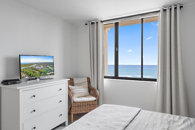 bedroom featuring a water view