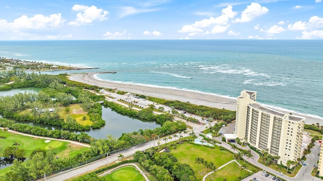 aerial view featuring a water view and a view of the beach