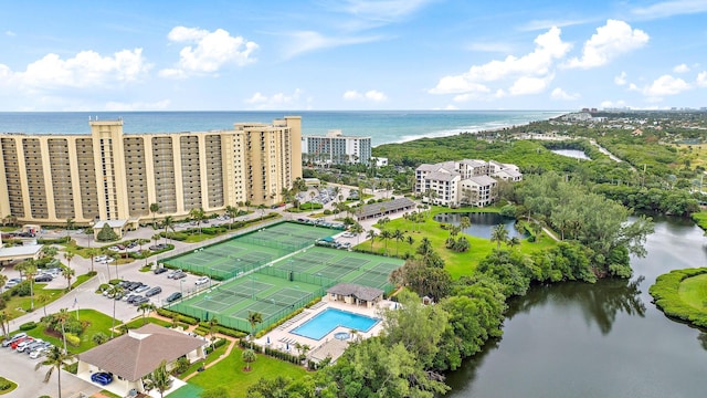 bird's eye view with a water view