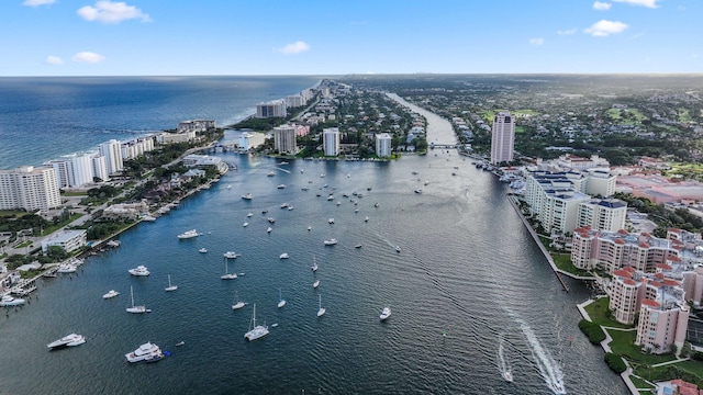 bird's eye view with a water view