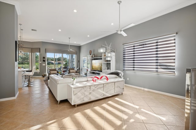 living room with ceiling fan, light tile patterned flooring, and crown molding