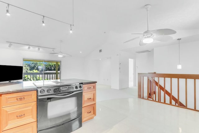 kitchen with black / electric stove, light brown cabinetry, track lighting, and lofted ceiling