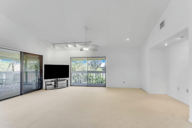 unfurnished living room featuring carpet, rail lighting, and plenty of natural light