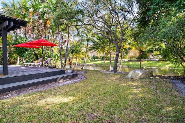 view of yard featuring a deck with water view