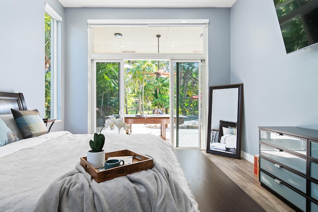 bedroom with access to outside, multiple windows, and hardwood / wood-style flooring