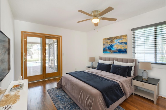 bedroom with ceiling fan, dark hardwood / wood-style flooring, and access to exterior