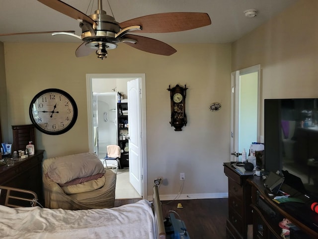 bedroom featuring hardwood / wood-style floors and ceiling fan