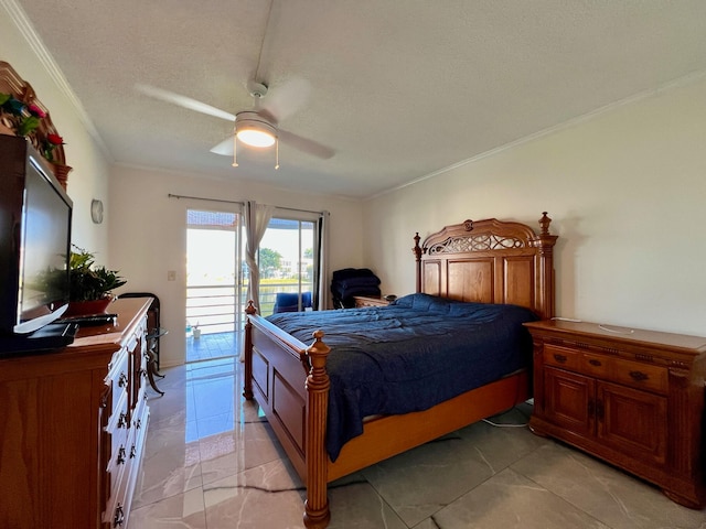 tiled bedroom featuring ceiling fan, ornamental molding, and a textured ceiling