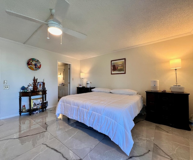 bedroom with ceiling fan, a textured ceiling, and ornamental molding