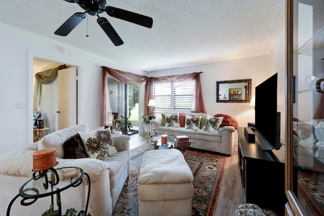 living room featuring hardwood / wood-style floors, ceiling fan, and a textured ceiling