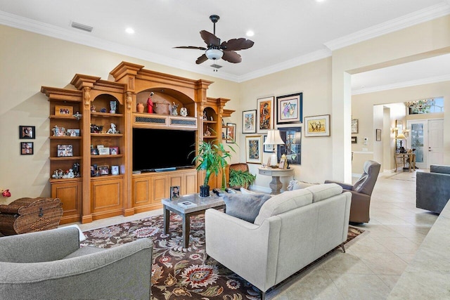 tiled living room with crown molding and ceiling fan