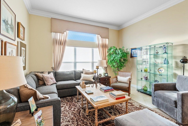 living room featuring crown molding and light tile patterned floors