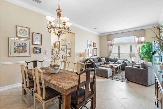 dining room featuring an inviting chandelier, light tile patterned floors, and ornamental molding