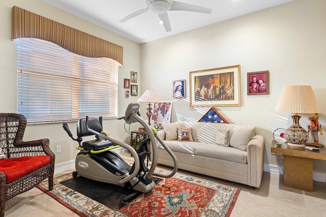 interior space featuring ceiling fan