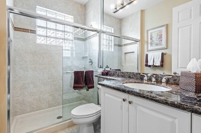 bathroom featuring vanity, toilet, and a shower with door