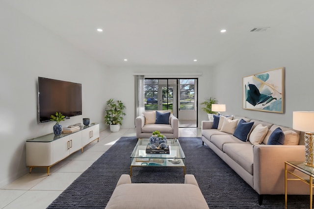 living room featuring light tile patterned floors